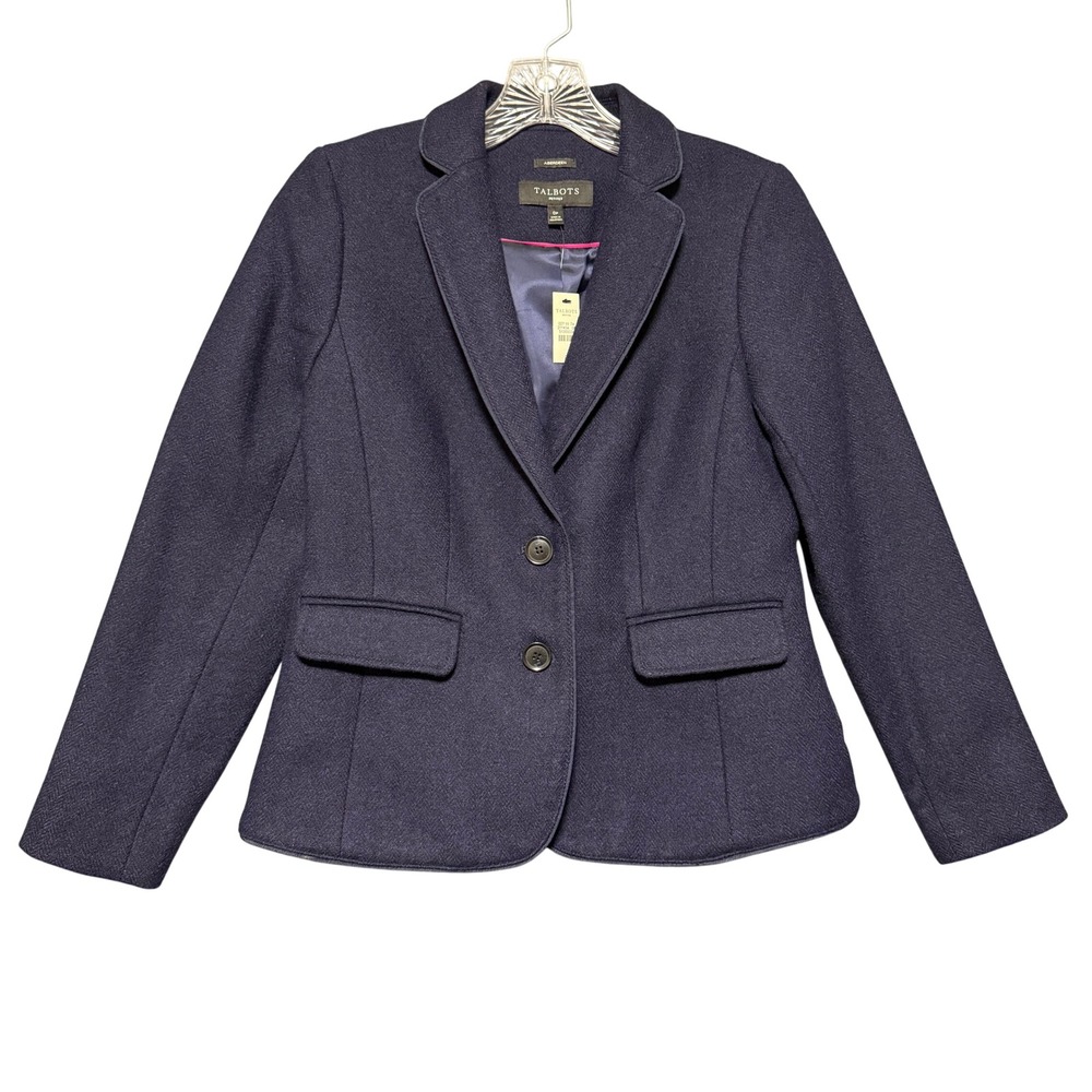Talbots Aberdeen Blazer Womens 0P Navy Blue Wool Blend Herringbone Professional